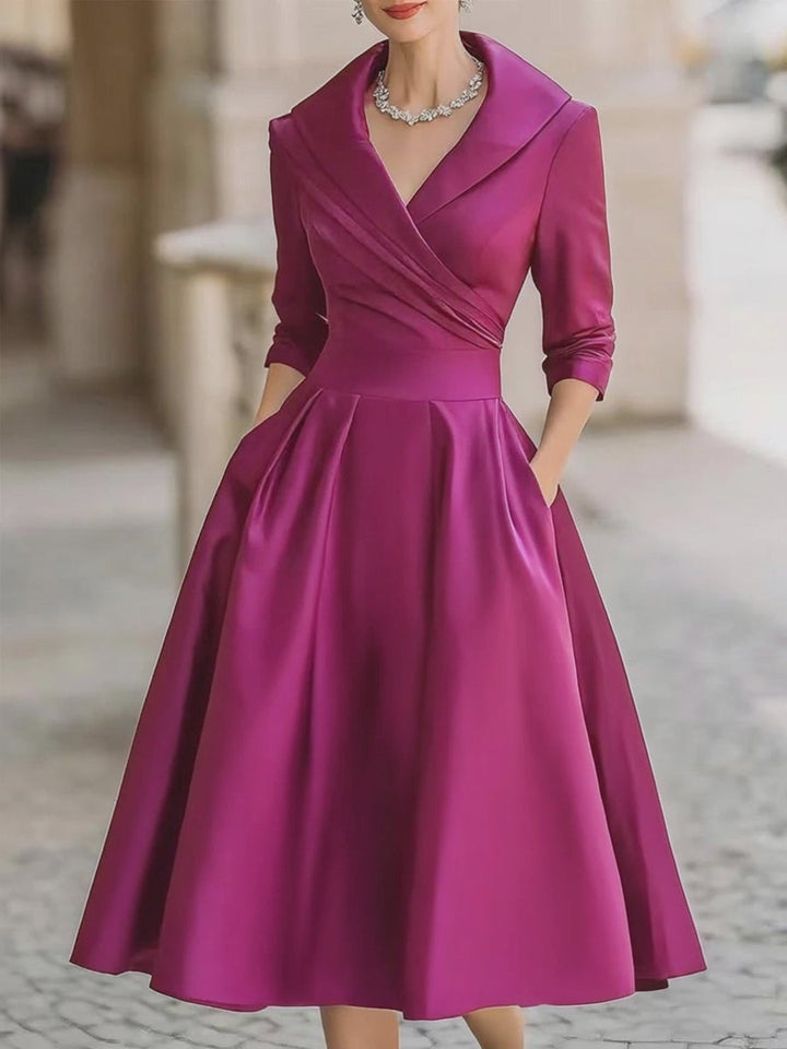 Luciana – Abito midi in satin ispirato al vintage con colletto drappeggiato