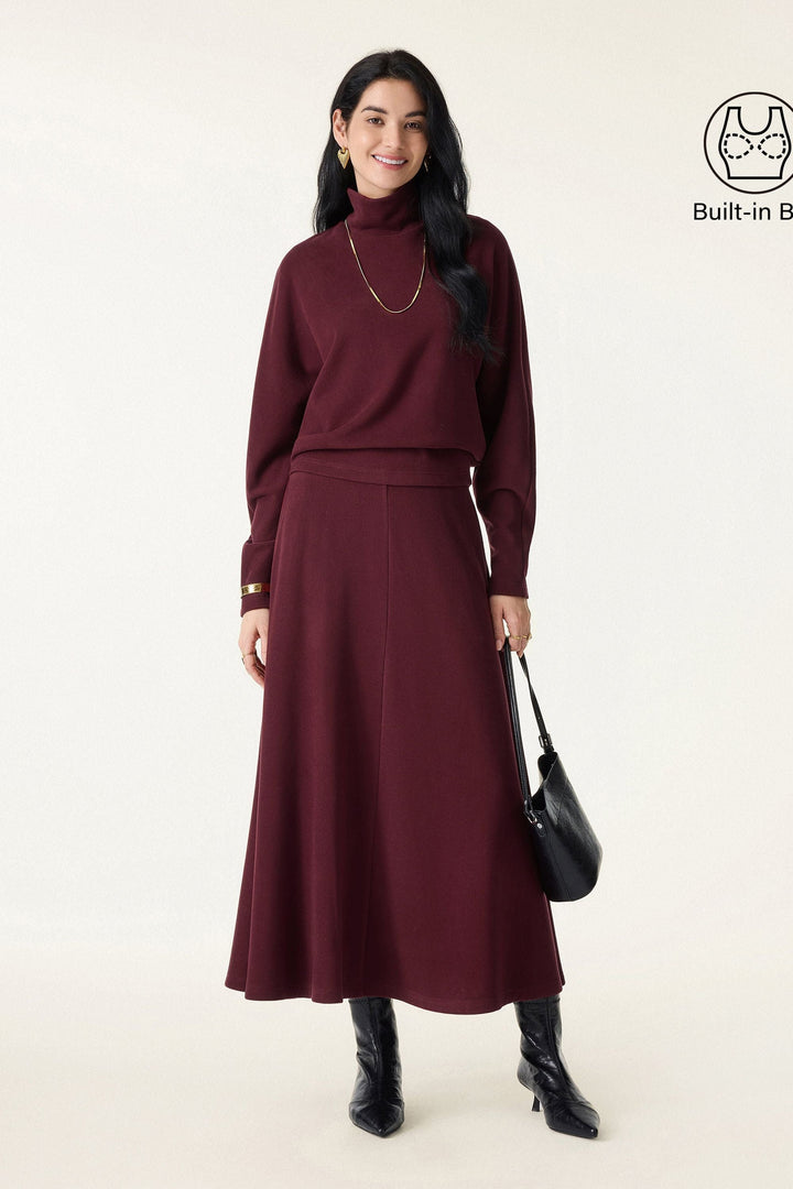 Set di 2 pezzi manica a pipistrello con scollo a gobba e gonna a ruota con tasche