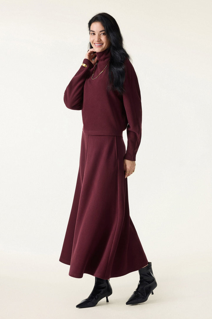 Set di 2 pezzi manica a pipistrello con scollo a gobba e gonna a ruota con tasche