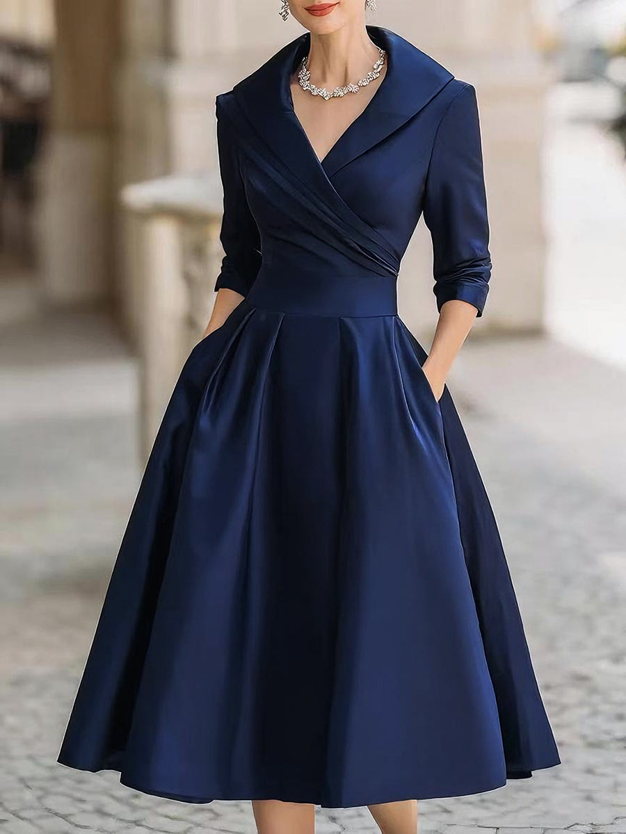 Luciana – Abito midi in satin ispirato al vintage con colletto drappeggiato
