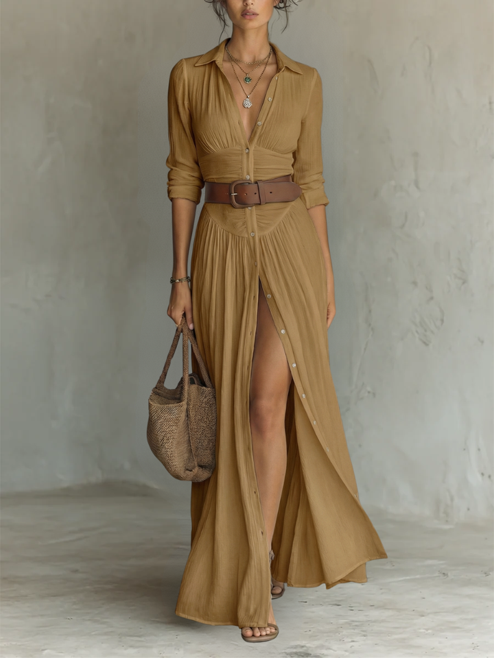 Linetta – Abito maxi in lino e cotone con collo a revers