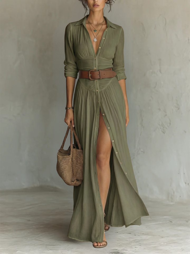 Linetta – Abito maxi in lino e cotone con collo a revers