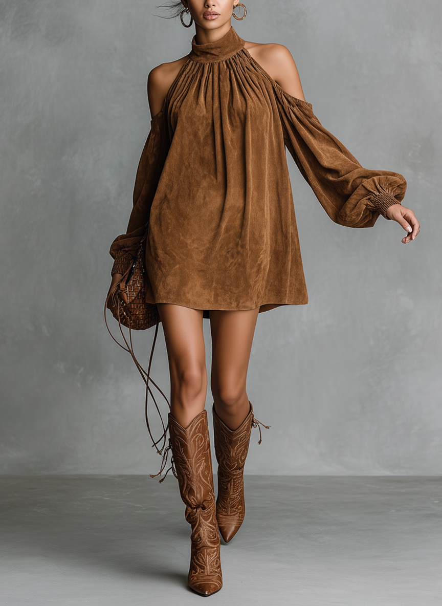 Elena – Abito mini in finta pelle suede con collo halter e maniche a lanterna