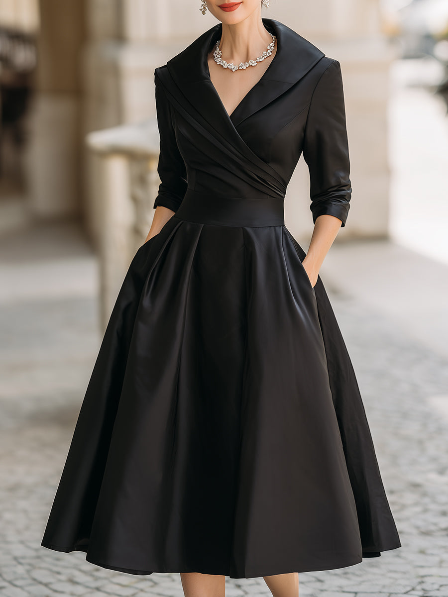 Luciana – Abito midi in satin ispirato al vintage con colletto drappeggiato