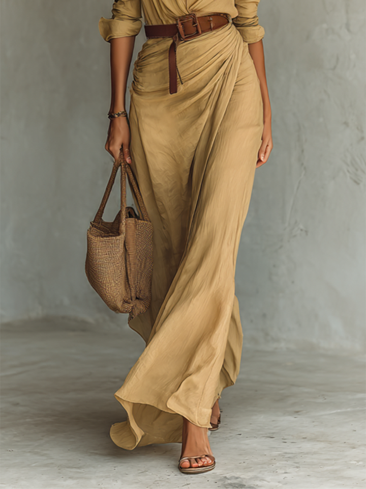 Carmen – Abito lungo in denim con cintura e maniche lunghe